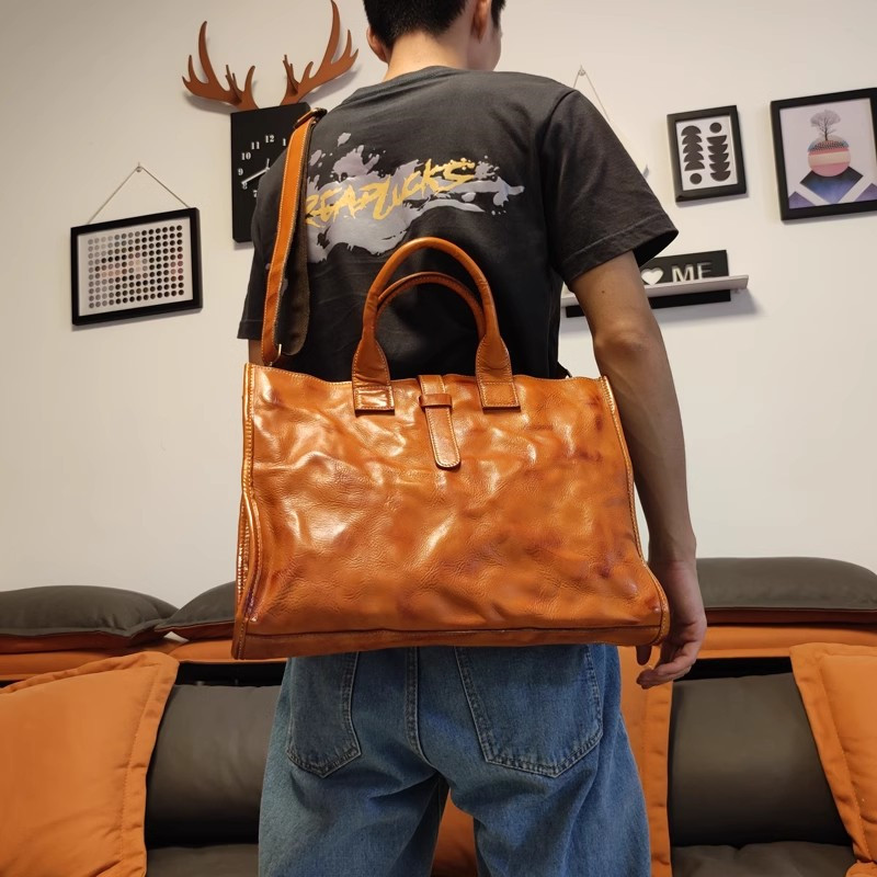 Leather Work Bag Laptop - Simples vintage couro genuíno maleta masculina