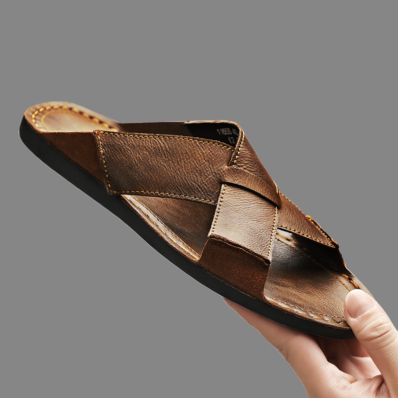 Leather Work Flats - Moda couro genuíno dos homens chinelos