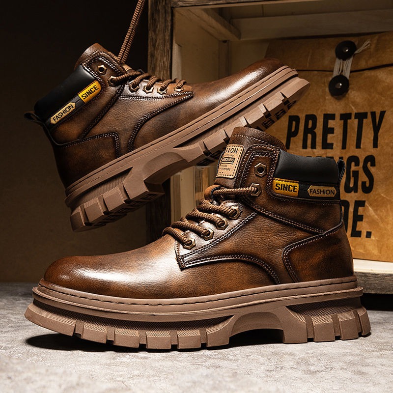 Leather Work Flats - Botas de tornozelo de plataforma masculina